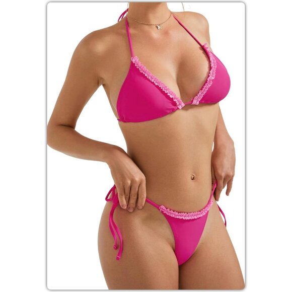 Pink Ruffle Thong Triangle Bikini - Picture 3 of 5
